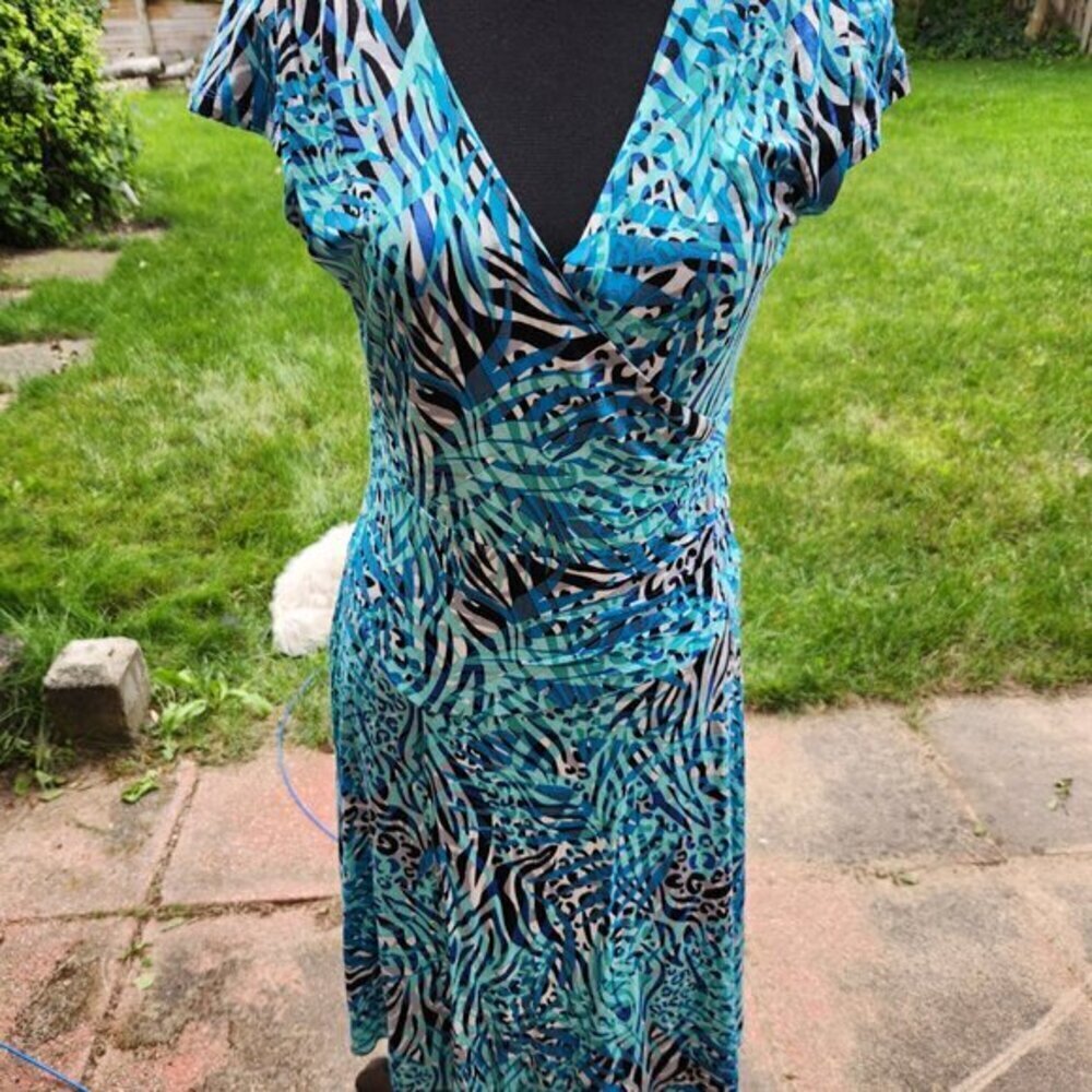 P294. Smashed Lemon Blue Print Ruched Bodiced Dress | 6  NWT